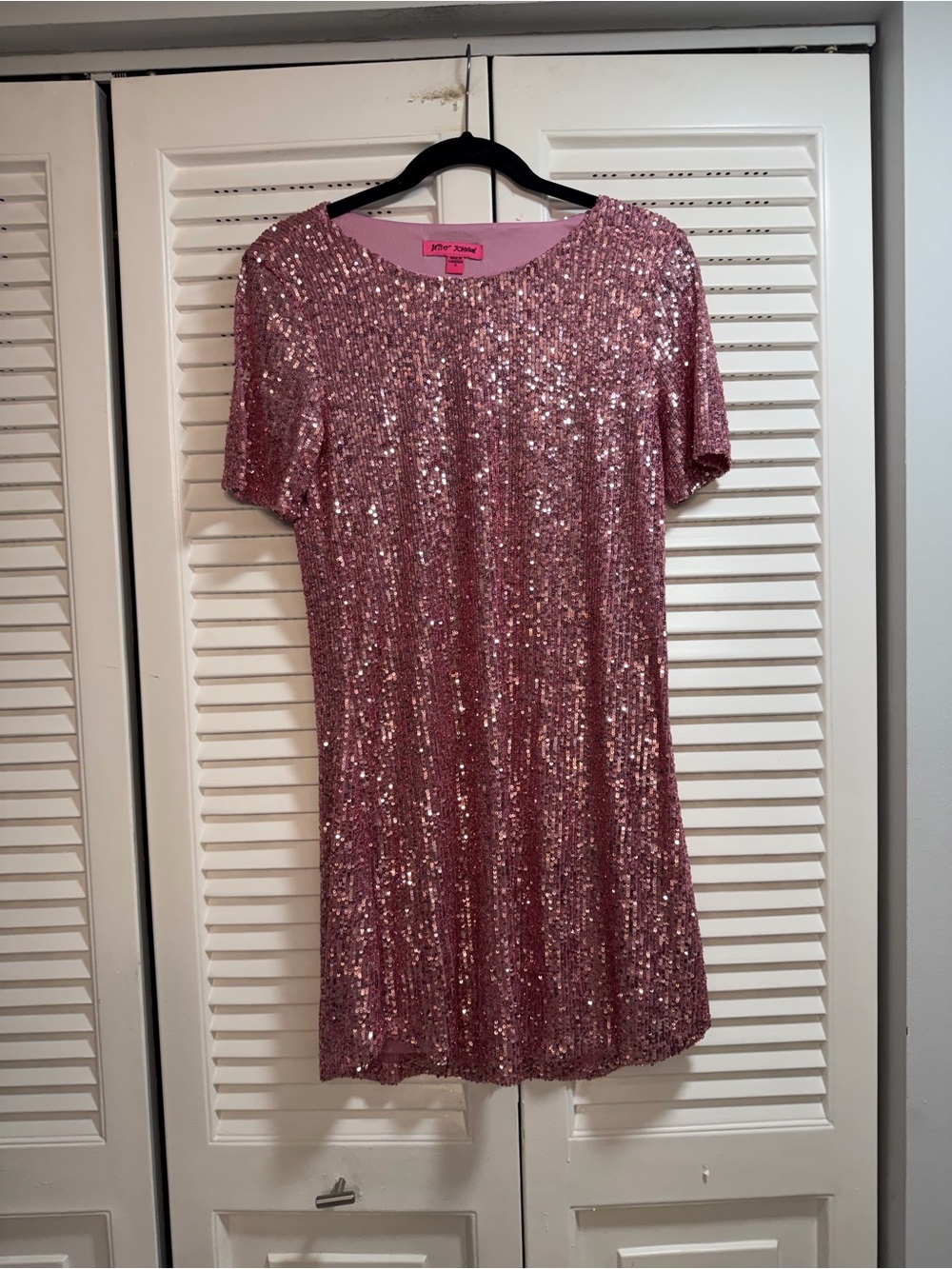 Betsey Johnson Pink Sequin Short Sleeve Shift Dress